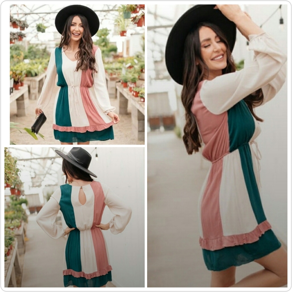143 Story By Line Up Flowy Tiered Ruffle Longsleeve Midi Dress Colorblock Vneck - Picture 15 of 15